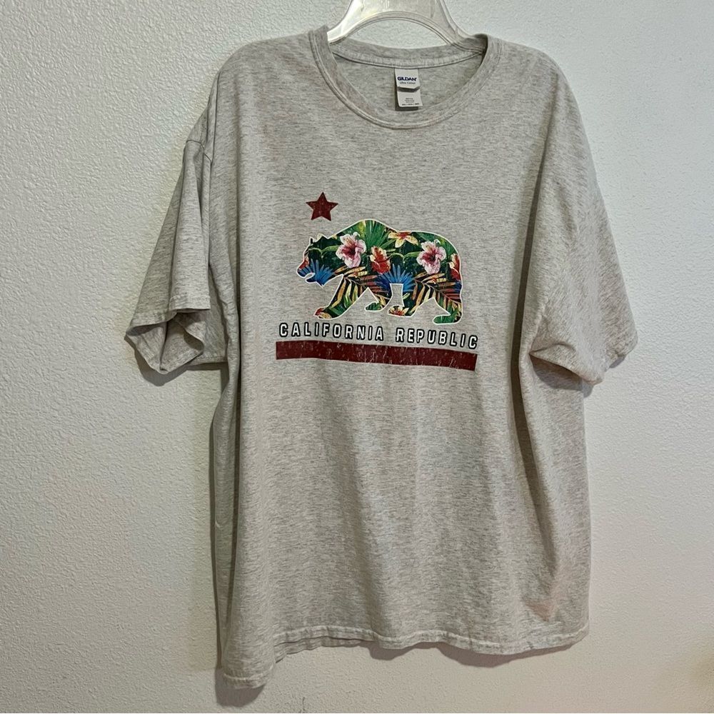 California Floral Colorful Bear Gray Pink Cotton Oversized S/S Tee Shirt 2X